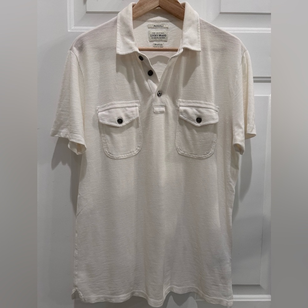 Lucky Brand Pacific Polo Shirt M Ivory Men Cotton Lightweight Breathable Beach